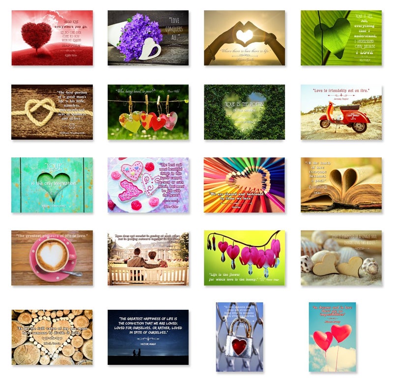 Postcard Fair LOVE quotes postcard set of 20. Post card variety pack with famous quote about love postcards. Made in USA. - Image 1